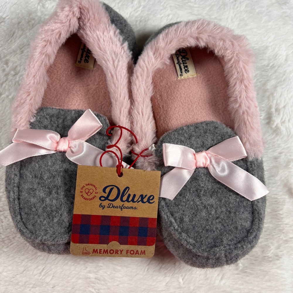 Dluze by Dearfoams Memory Foam Slippers Pink Bow Gray‎ Cozy Plush Size US 13-1
